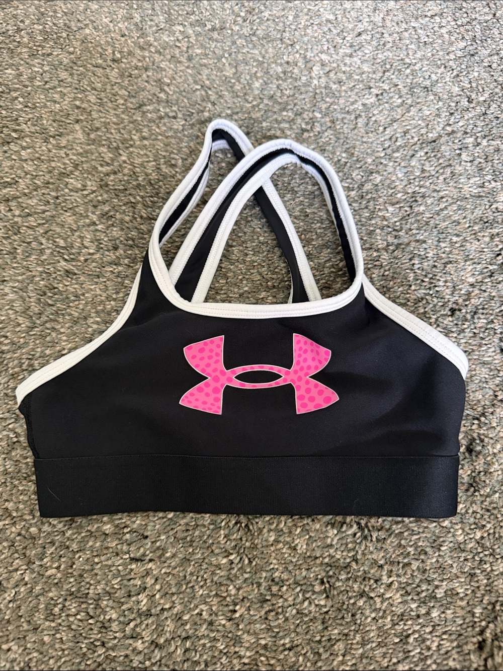 Under Armour Black Sports Bra with Pink Logo and White Trim
